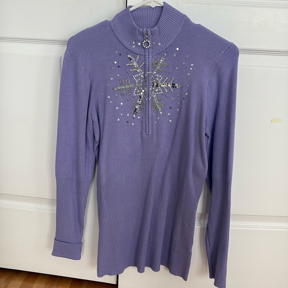 Boston Proper Snowflake Purple Quarter Zip Sweater, Size Medium
